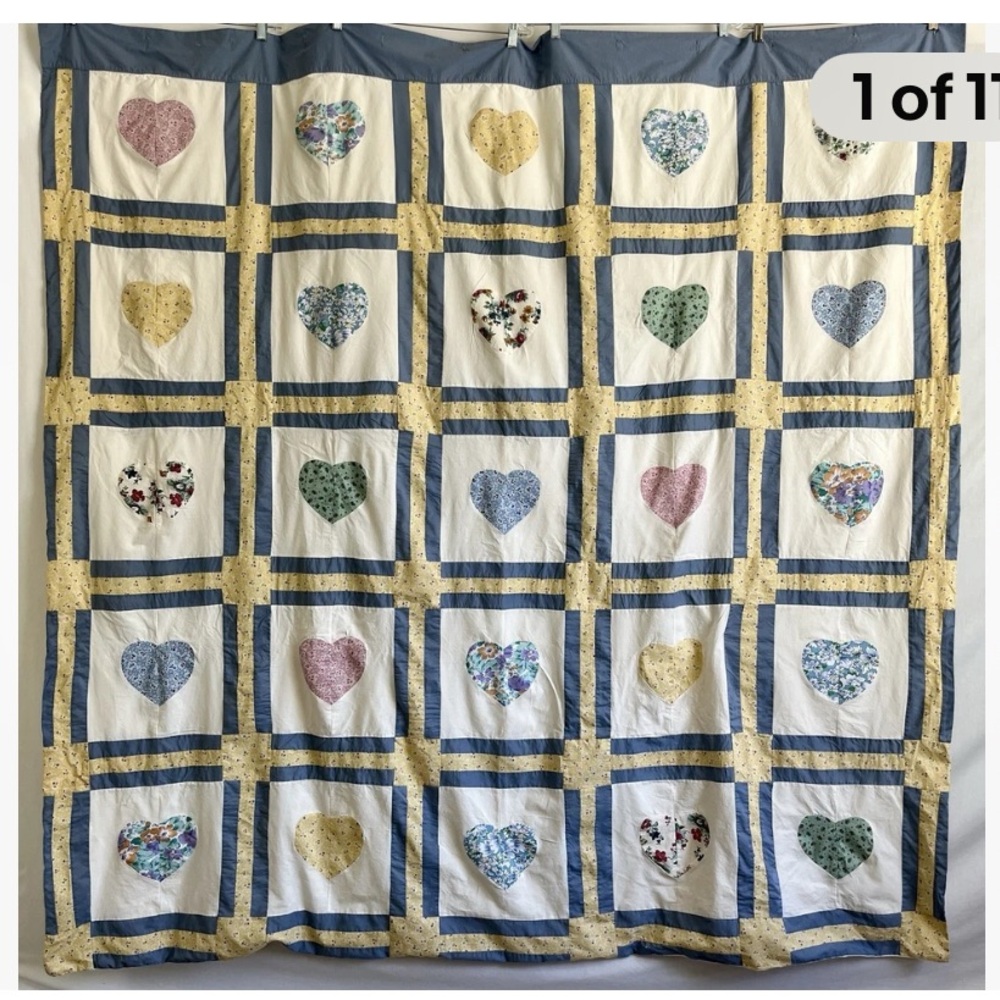 Vintage JC Penney heart 💛💙🧡quilt shower curtain cottage core perfection!
